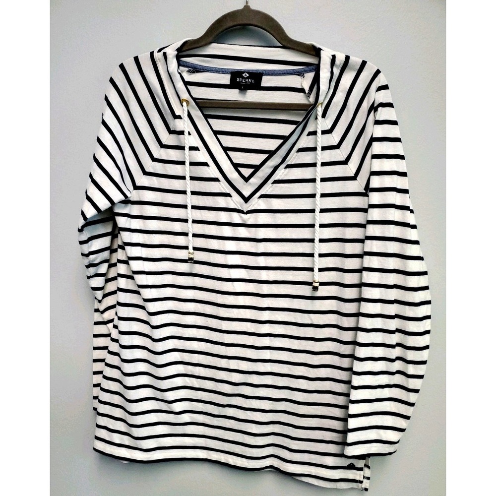 Sperry Bree Easy V-Neck Drawcord Long Sleeve Top Navy White Stripe Sz Large